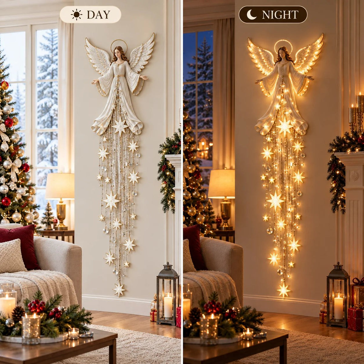 Side-by-side comparison of the angel wall light by day, unlit and cream, and at night, glowing warm white with lit stars. 6