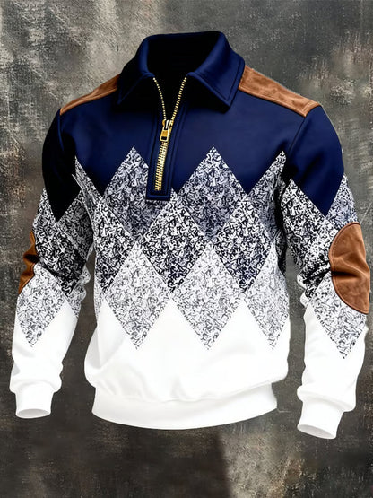 Front view of the navy and white version with gold zip and tan suede-look patches 3