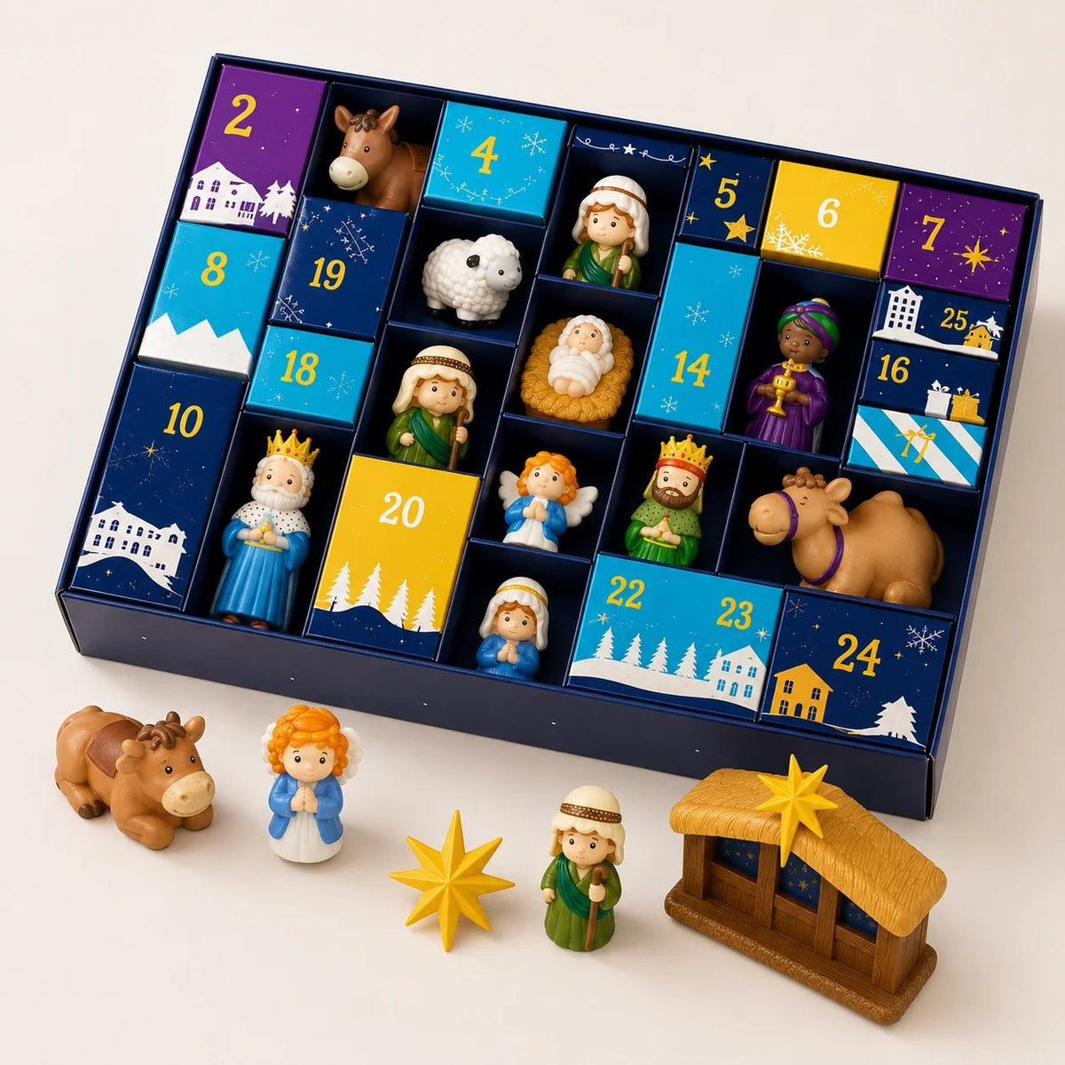 Open tray with some doors lifted to reveal figures inside, and stable, star, ox and angel placed in front 5