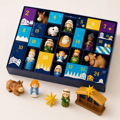 Open tray with some doors lifted to reveal figures inside, and stable, star, ox and angel placed in front 5