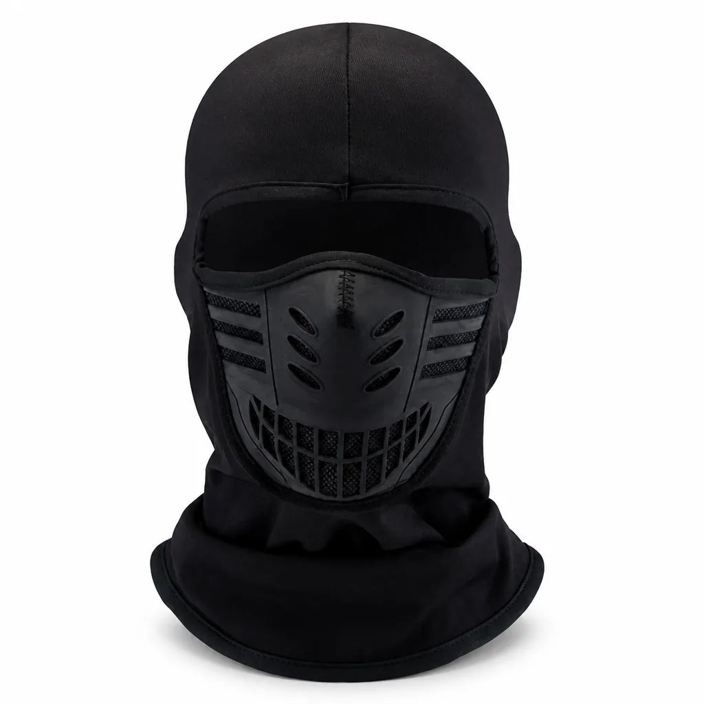 Front view of an all-black version of the balaclava on white, with a dark vented face panel, side mesh stripes and a mesh grille. 7