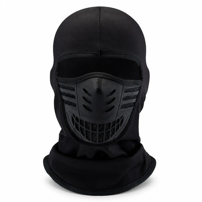 Front view of an all-black version of the balaclava on white, with a dark vented face panel, side mesh stripes and a mesh grille. 7