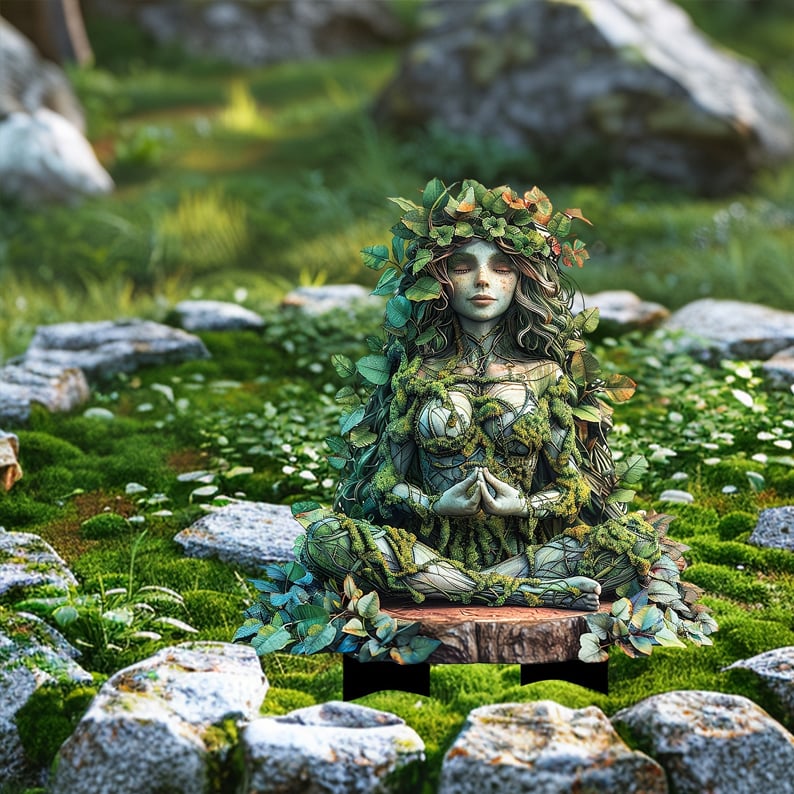 Meditating moss-covered woman with a leafy crown on a wooden disc with black stakes, set among stones and moss. 19