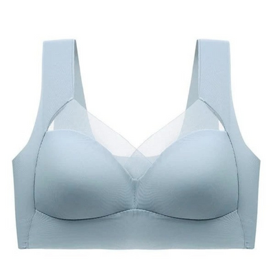 Single pale blue seamless bra shown flat from the front, with smooth cups, wide straps and a sheer mesh panel at the neckline. 13