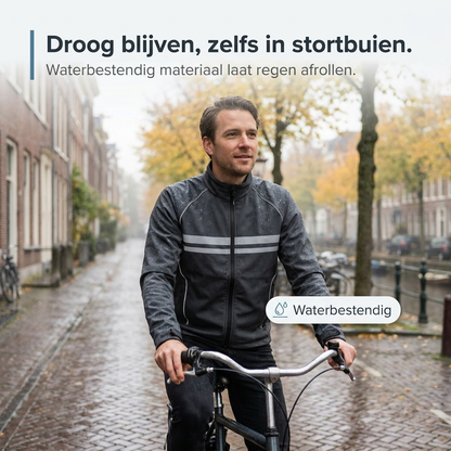 Man riding a bicycle along a wet cobbled canal street in autumn rain, wearing the dark jacket with reflective stripes. 2