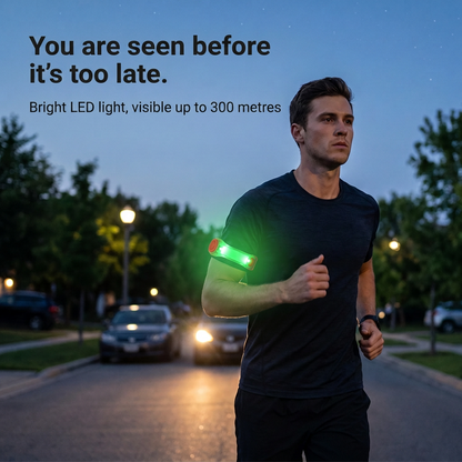 Man jogging at dusk along a residential street with the armband glowing green on his upper arm 2