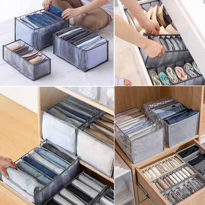 Four-panel collage of grey mesh organisers holding neatly folded jeans, tops and underwear in different sizes, on a bed and in drawers. 1