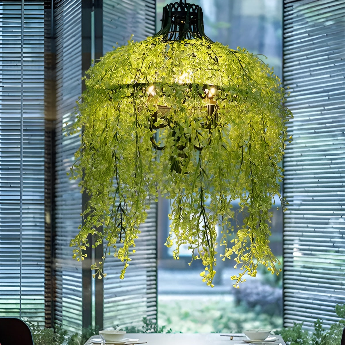 Chandelier wrapped in small yellow-green leafy vines, lit above a restaurant table by a window with blinds 3
