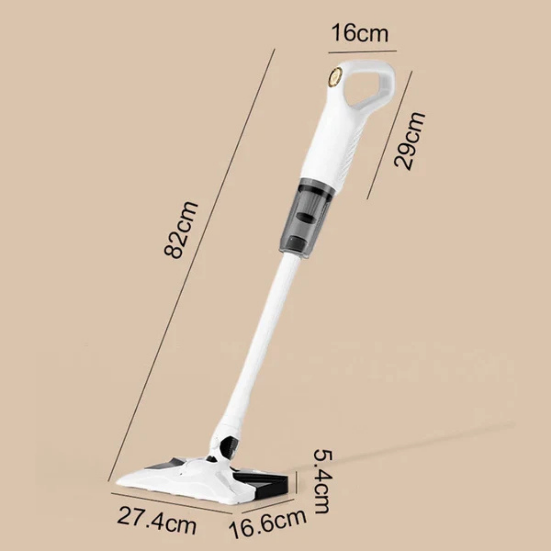 Diagram of the vacuum standing at an angle with measurement lines marking its overall length, handle size and floor head dimensions. 6
