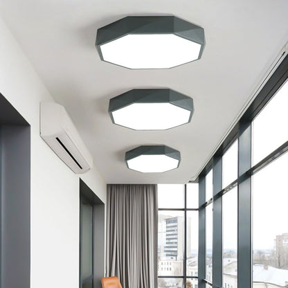 Three grey octagonal ceiling lights in graduated sizes along a hallway with tall windows and a wall-mounted air conditioner 2