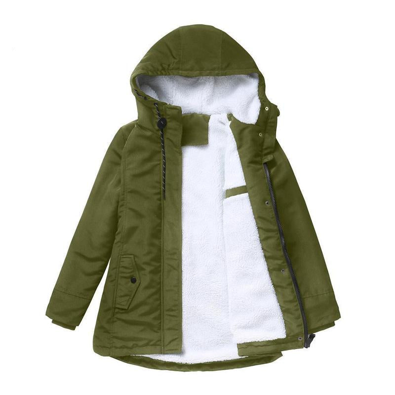 Olive green parka laid flat and open, showing the white fleece lining and drawcord hood 6