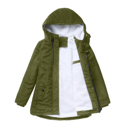 Olive green parka laid flat and open, showing the white fleece lining and drawcord hood 6