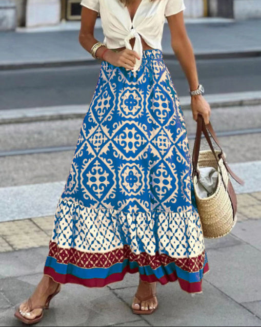 Printed Boho maxi skirt with a flowing cut & fringes – Yalina