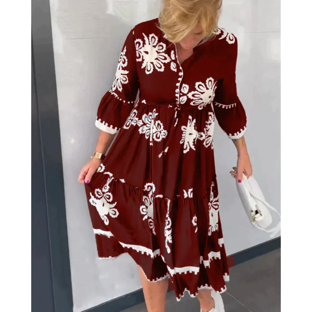 Trendy autumn dress with floral print and three-quarter sleeves – Elin