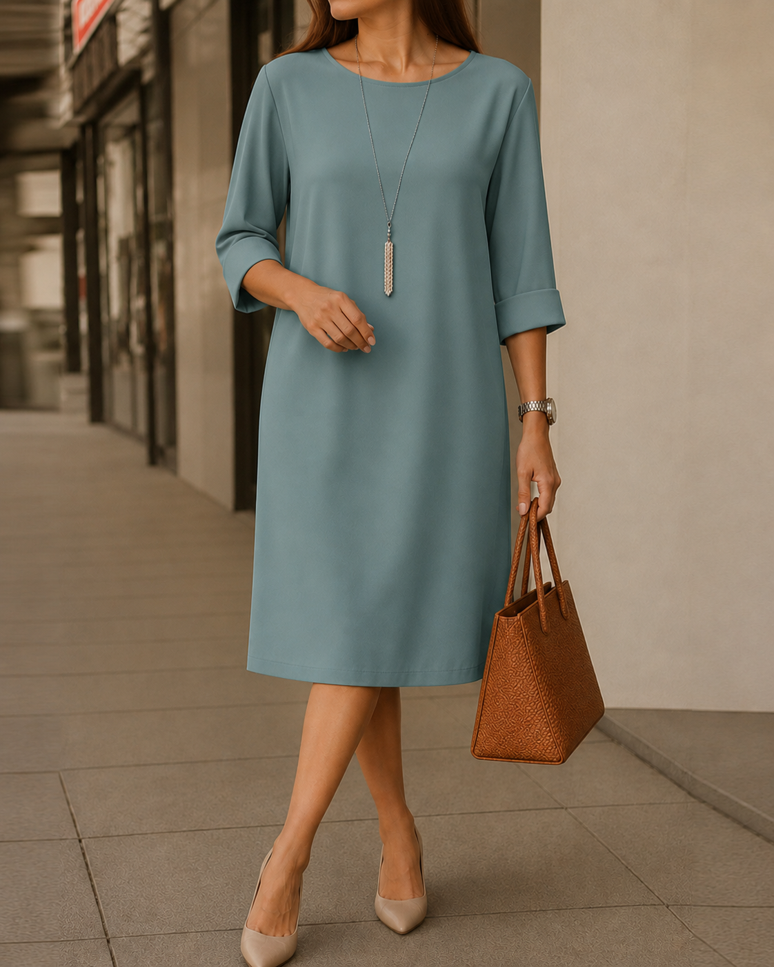 Model in muted teal-green dress with cuffed sleeves, long pendant, beige heels and a brown tote 5