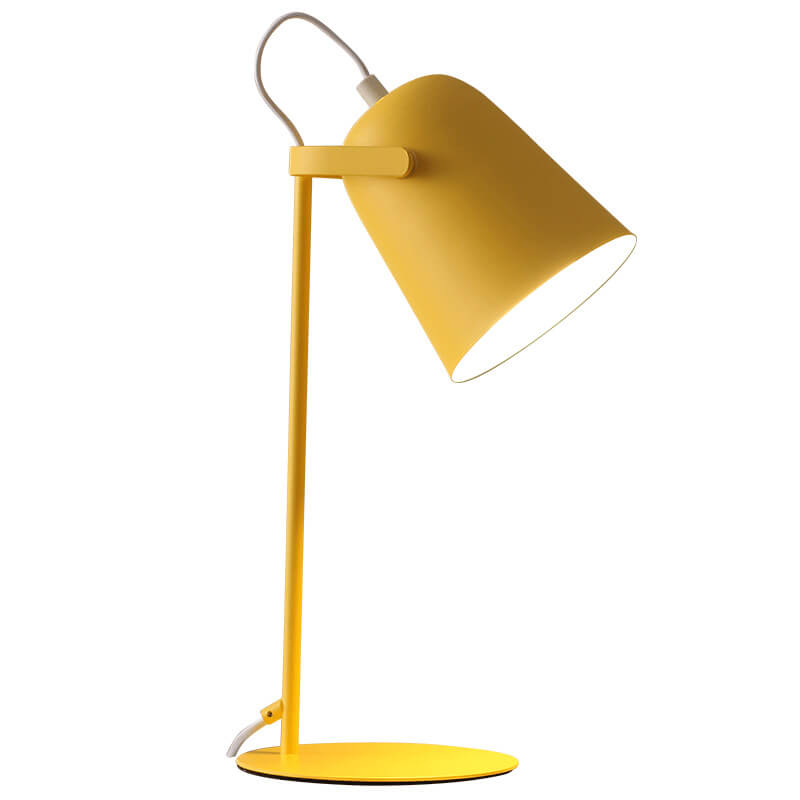Yellow table lamp on a plain white background, showing the full tilted shade, slim stem and round base. 6