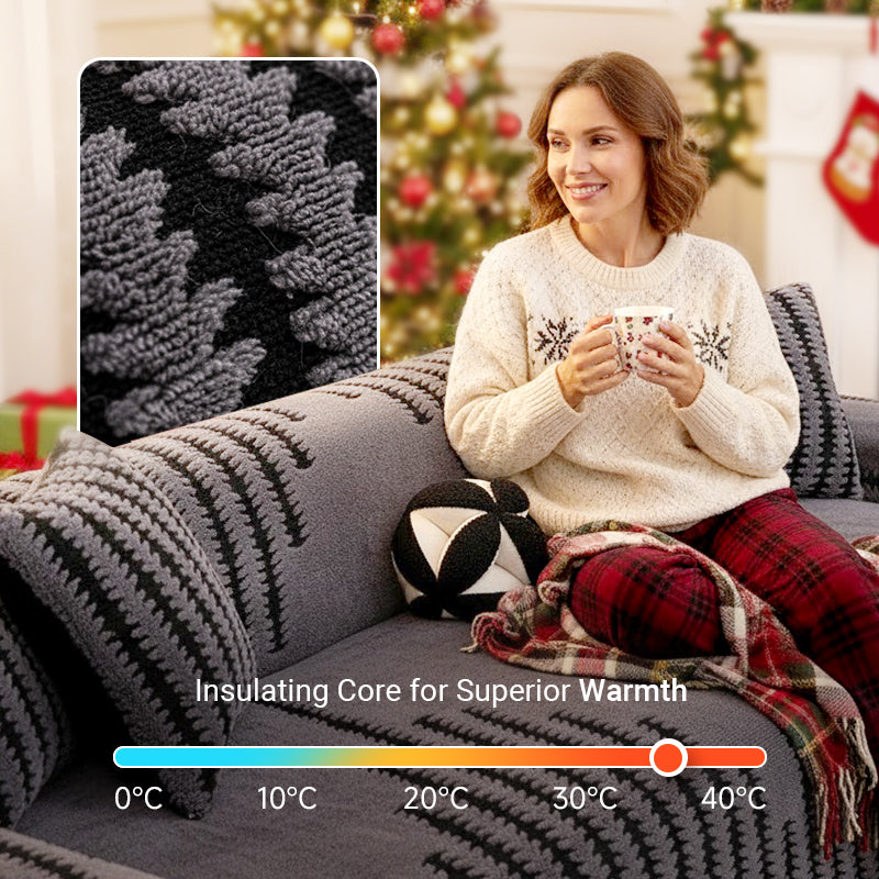 Woman in a cream jumper holds a mug on the grey cover, with an inset close-up of the tufted texture 2