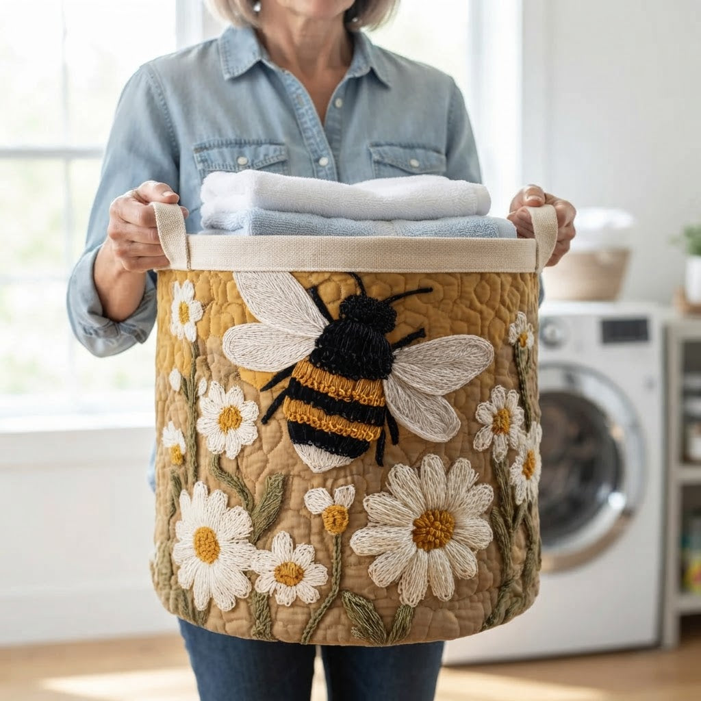 Woman in a denim shirt carrying the basket by its canvas handles, filled with folded white and blue towels. 5