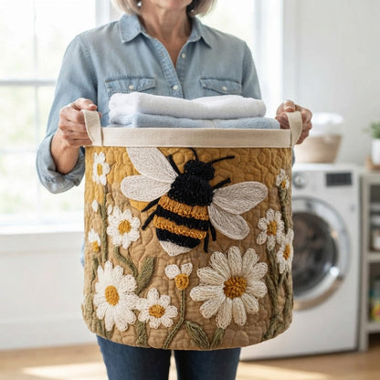 Woman in a denim shirt carrying the basket by its canvas handles, filled with folded white and blue towels. 5
