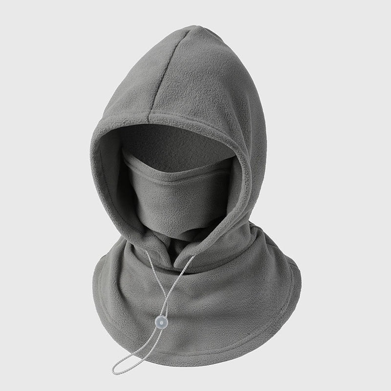Grey fleece hood with built-in face cover and a white drawstring toggle 6