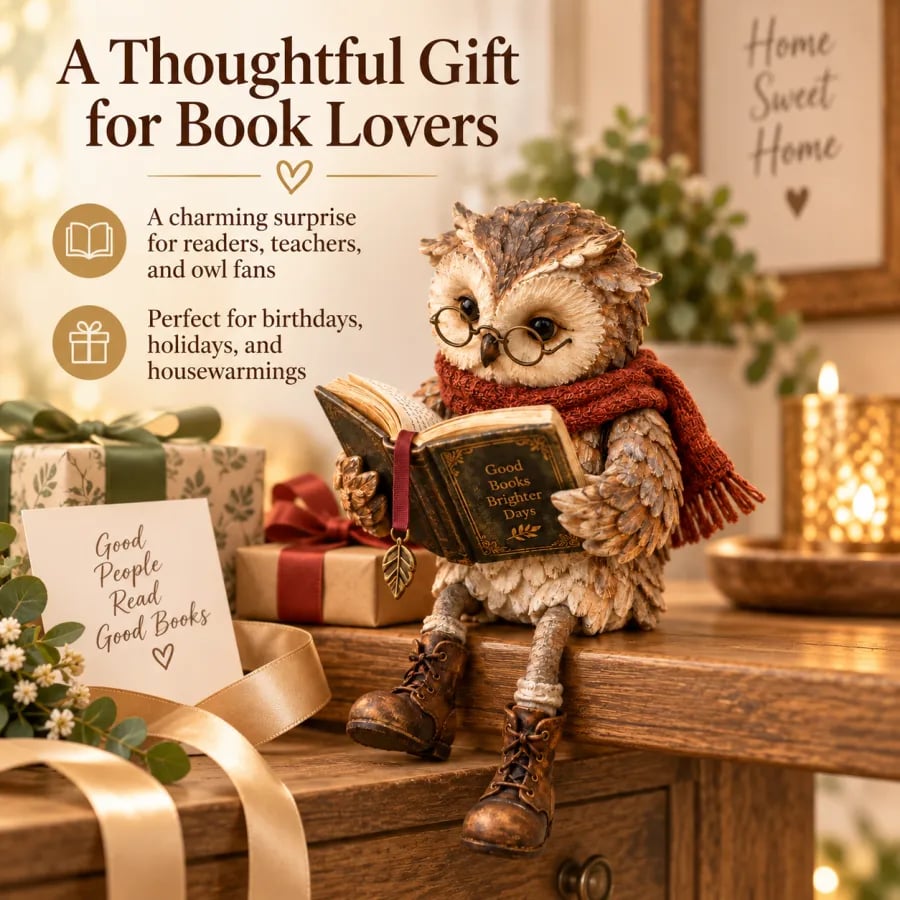 Owl figurine on a wooden console table surrounded by wrapped presents, gold ribbon and a glowing candle, styled as a gift idea. 7