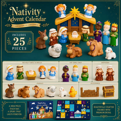Infographic showing all the figures grouped as holy family, kings, shepherds, animals and accessories, with the box and tray 6