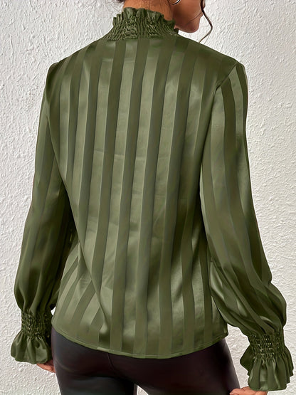 Satin Women's Blouse with Long Sleeves and Shirred Collar - Noëlle