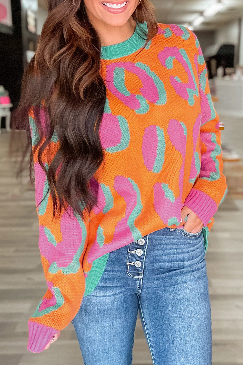 Ladies' Sweater With Colour Block Leopard Print And Round Neck - Liora