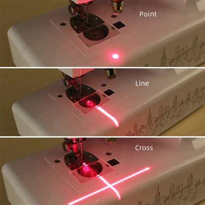 Three-part comparison of the laser projecting a single red dot, a straight line and a cross onto a sewing machine 3