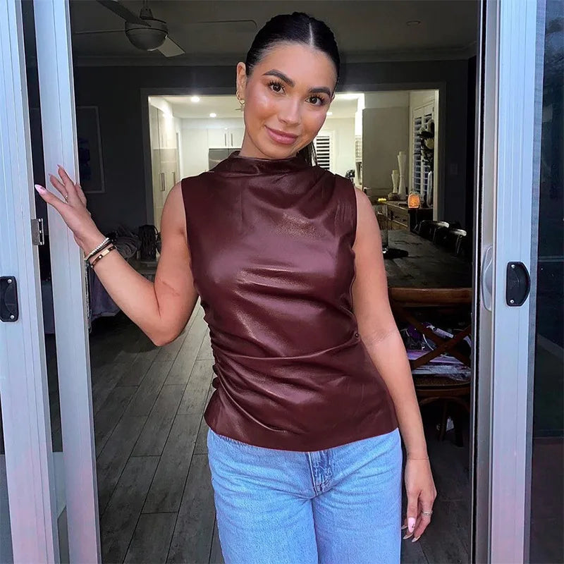 Women's Sleeveless Leather Top with Tailored Fit – Autumn Magic Nila
