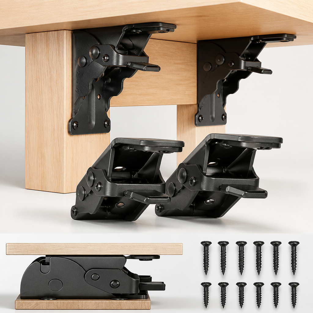 Four black brackets shown mounted under a pale wooden tabletop, loose, and folded flat, with twelve black screws supplied. 1