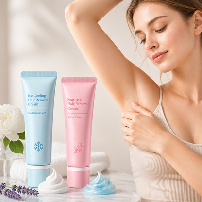 Woman raising her arm to show her underarm beside a pale blue and a pink cream tube, with swirls of cream and lavender. 1