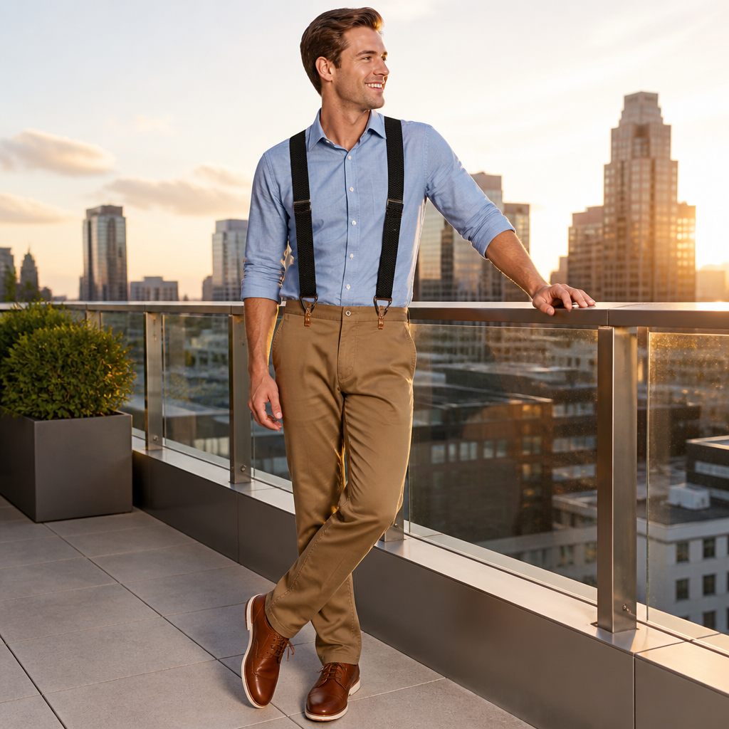 Smiling man in a light blue shirt and khaki trousers wearing black suspenders, leaning on a glass balcony rail at sunset. 1