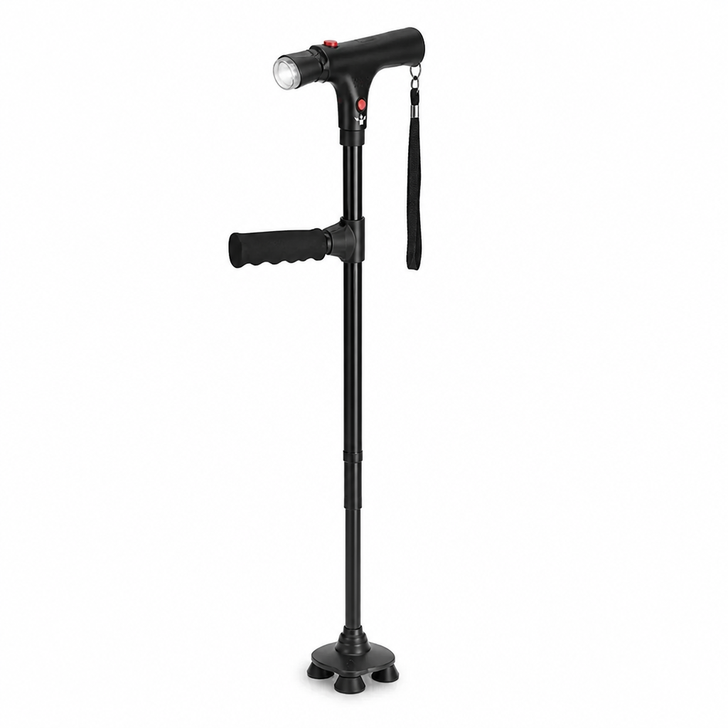 Black cane on white background, with LED torch head, side grip, wrist strap and four-footed base 1