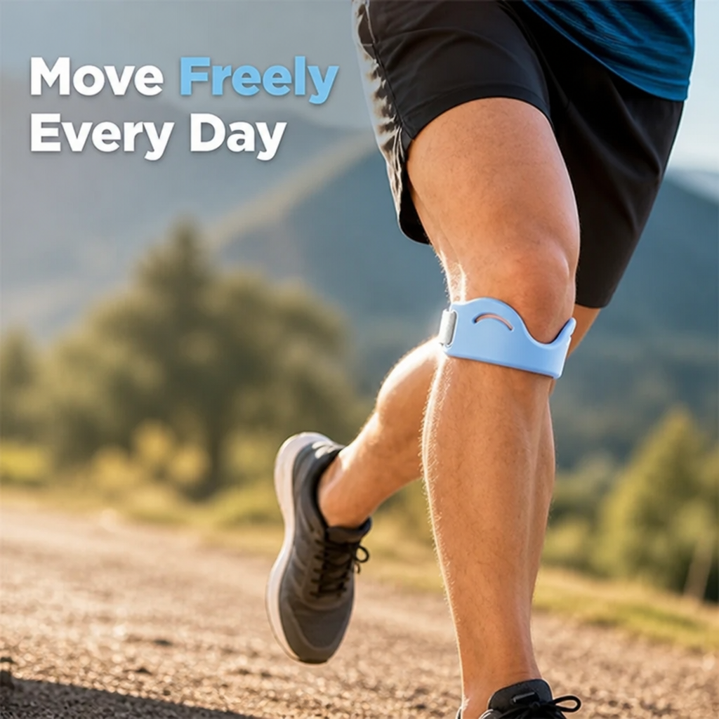 Runner on a gravel trail in the mountains wearing a light blue silicone knee strap just below the kneecap. 1