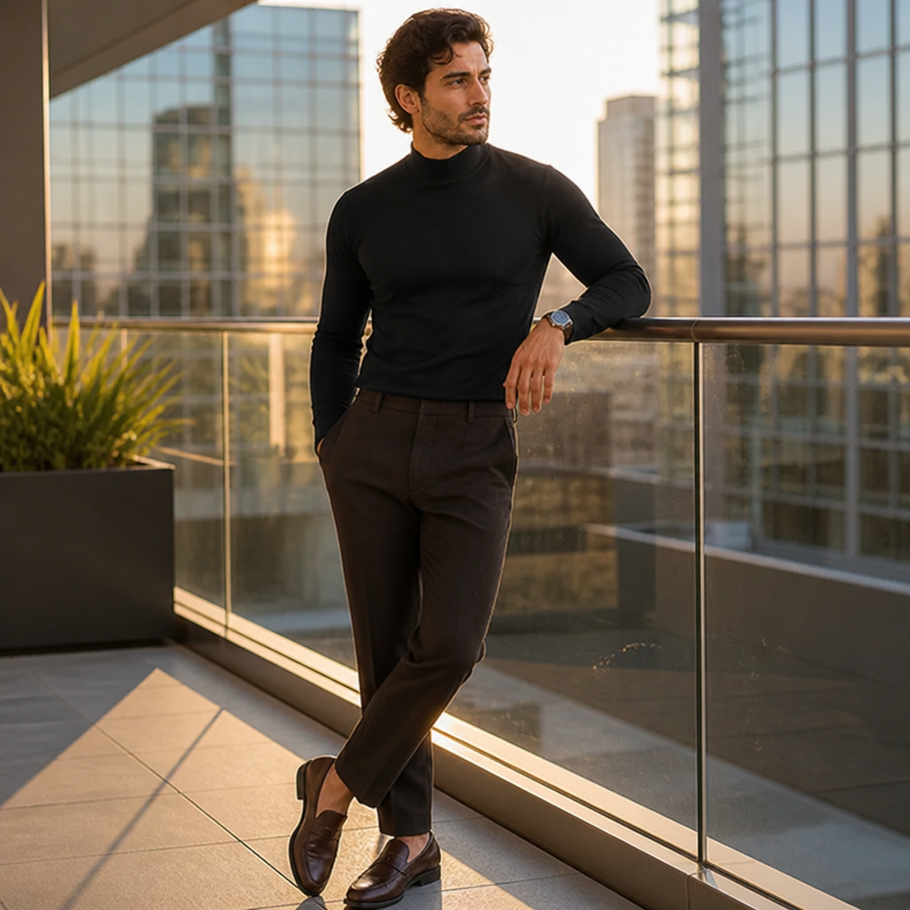 Man in a black high-neck long sleeve top and dark brown trousers leaning on a glass balcony rail at sunset. 1