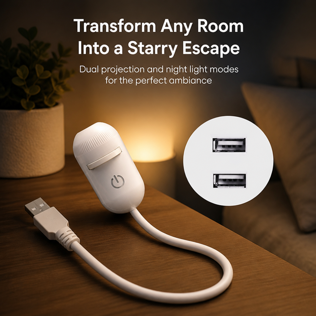 White capsule-shaped projector with a USB lead lying on a wooden bedside table, a warm glow behind it and a close-up of two USB ports. 1