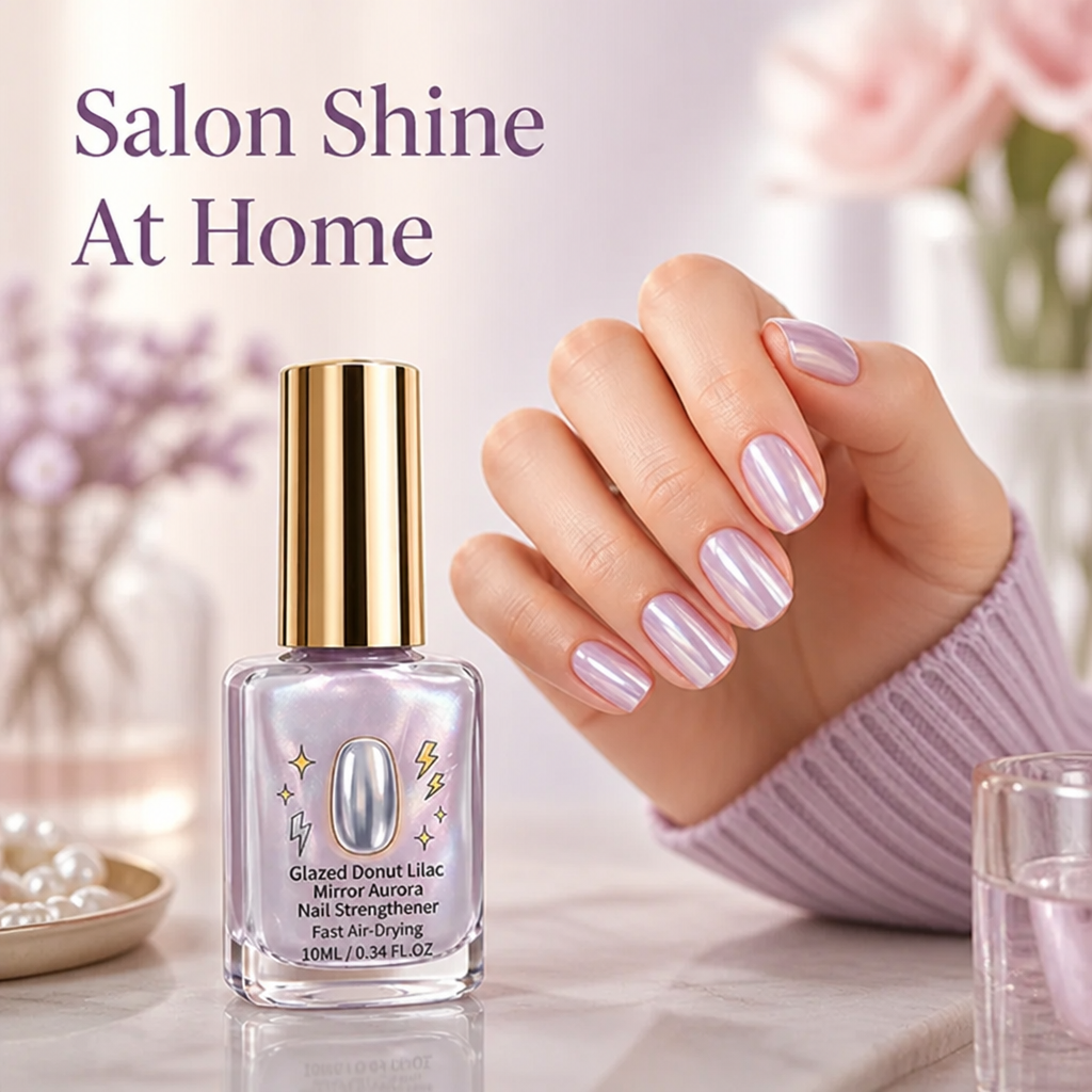 Lilac shimmer polish bottle beside a manicured hand, in a soft floral setting with a lilac knit sleeve 1