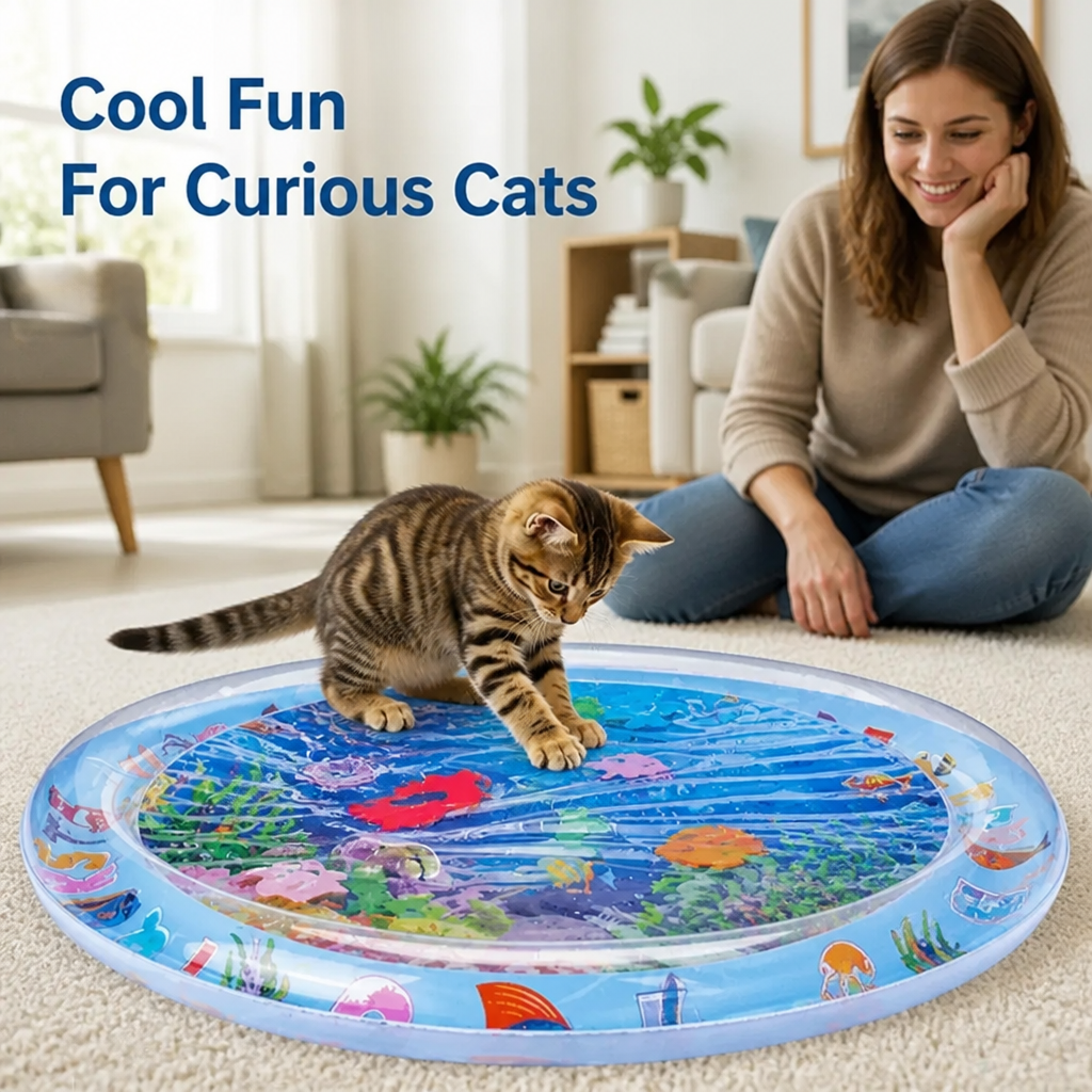 Tabby kitten pawing at a round blue water mat with sea-life print, while a smiling woman watches from the living room floor. 1