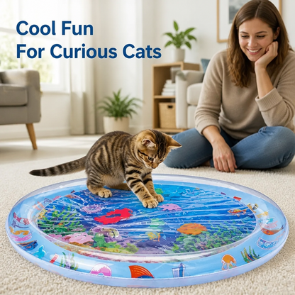 Tabby kitten pawing at a round blue water mat with sea-life print, while a smiling woman watches from the living room floor. 1