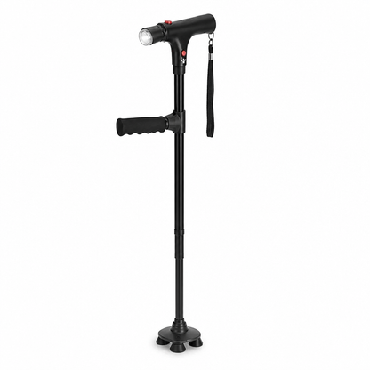 Black folding walking cane on a white background, showing the LED torch head, side grip, wrist strap and four-footed base. 1