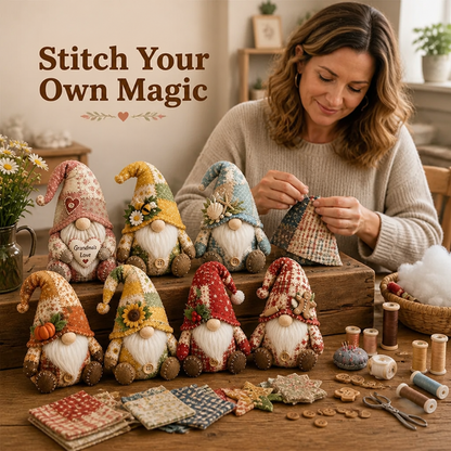 Woman sewing a patchwork hat beside a row of finished gnomes, with fabric squares, thread and buttons 1