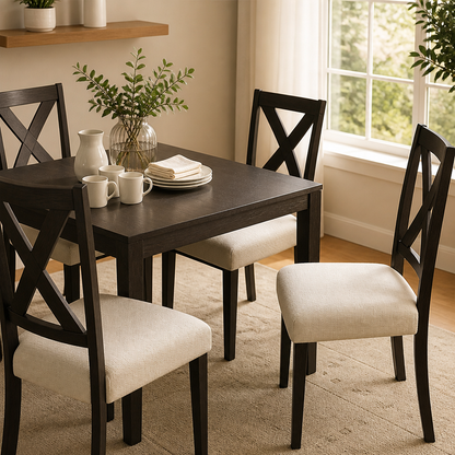 Dark wooden dining table with four cross-back chairs, each with a plain cream upholstered seat, in a bright room. 1
