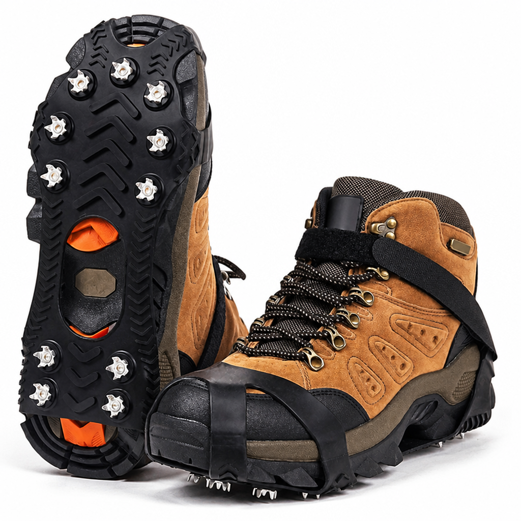Black rubber ice cleats fitted to a tan hiking boot, one sole turned up to show the studs 1