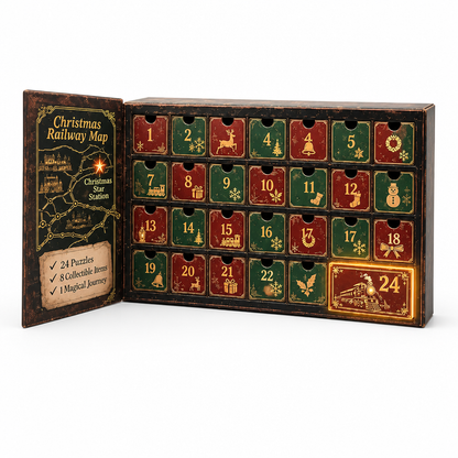 Open railway-themed advent calendar on white, with 24 red and green numbered drawers and a folded map panel on the left. 1