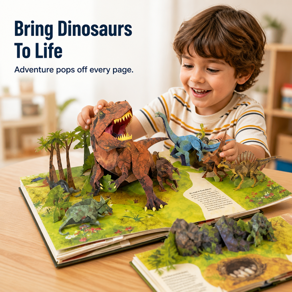 Smiling boy plays with paper dinosaurs rising from an open pop-up book, a second book beside it 1