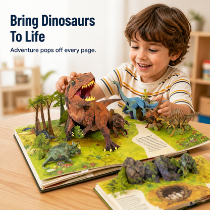 Smiling boy plays with paper dinosaurs rising from an open pop-up book, a second book beside it 1