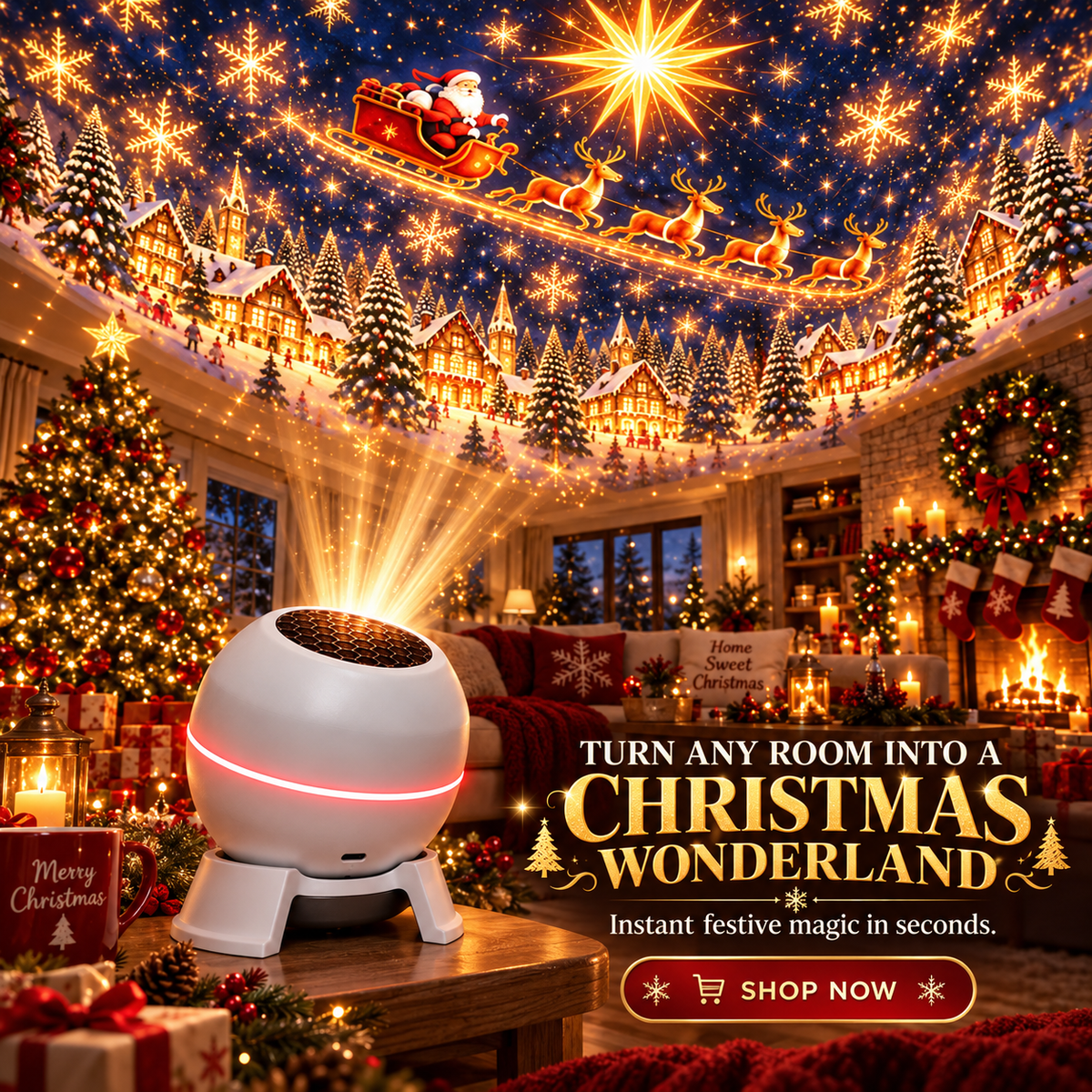 Round white projector on a side table throwing a Santa sleigh and snowy village scene across a decorated living room ceiling. 1