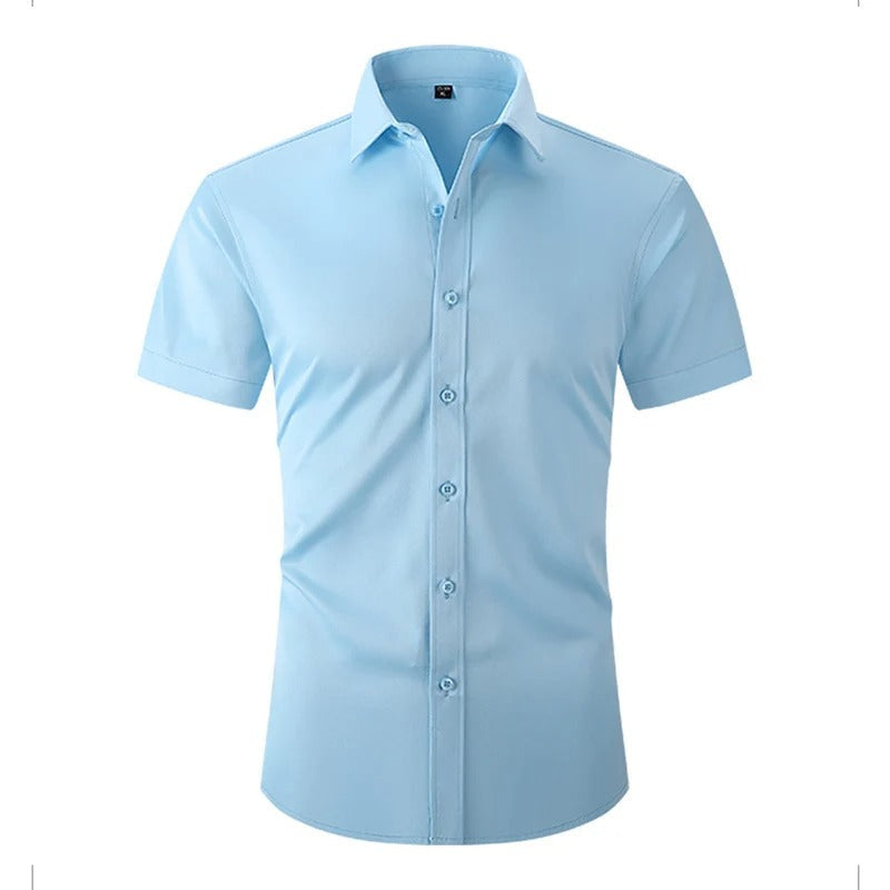 Light blue version of the shirt from the front, with matching buttons and pointed collar 3