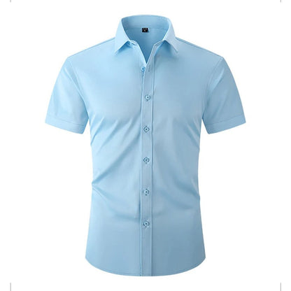 Light blue version of the shirt from the front, with matching buttons and pointed collar 3